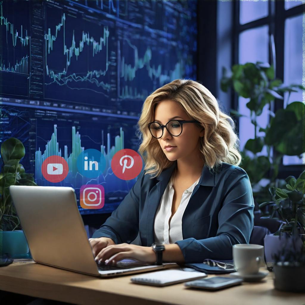 Uma imagem fotorrealista de uma pessoa focada trabalhando em um laptop, cercada por gráficos de crescimento em tons de azul e verde. A tela do laptop mostra um blog sendo editado. Ícones de mídia social (Facebook, Instagram, LinkedIn) e nuvens de diálogo flutuam. A atmosfera é vibrante e criativa, com cores contrastantes e elementos visuais que representam o sucesso do marketing de conteúdo.