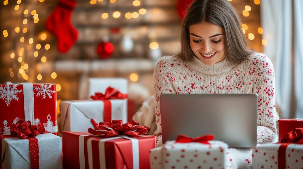 Em um cenário com diversos presentes embalados nas cores branco e vermelho, mulher com aparência feliz e vestida com suéter usa notebook apoiado no colo transmitindo a ideia de compras online no período de natal.