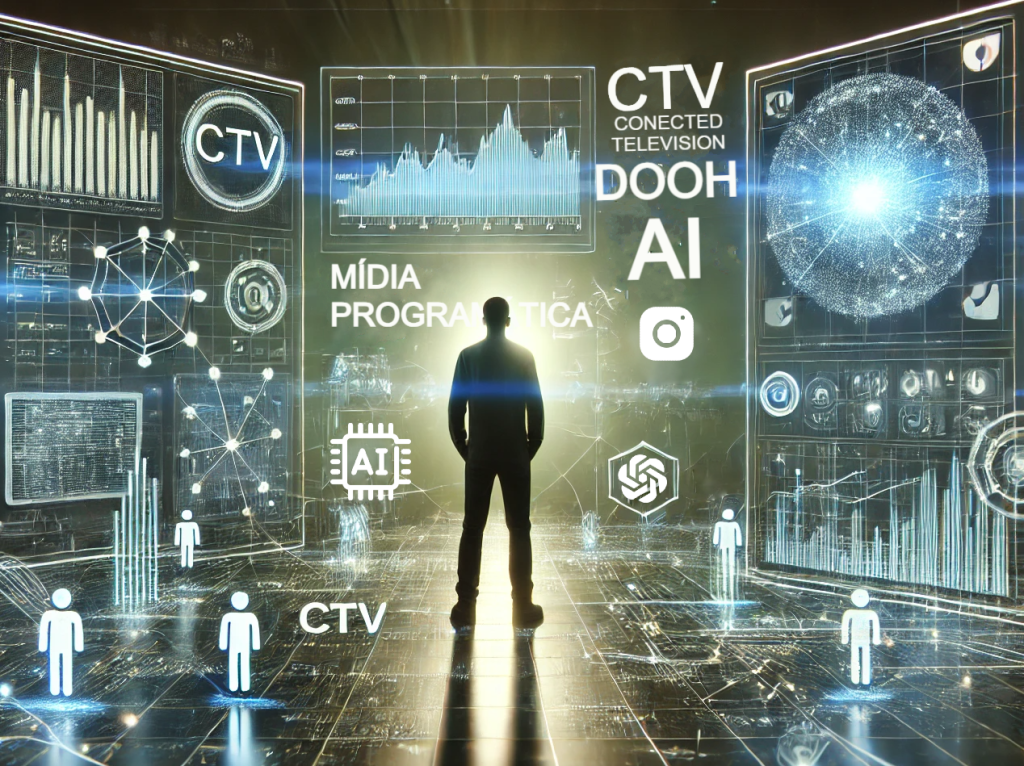 Um painel digital futurista e moderno, com gráficos dinâmicos, dados em tempo real e indicadores luminosos em tons de azul e verde, simbolizando automação e big data na mídia programática. O painel exibe linhas de código e fluxos de dados abstratos, com um leve efeito de brilho. Ícones estilizados e brilhantes de CTV (televisão conectada), DOOH (mídia out-of-home digital), AR (realidade aumentada) e IA (inteligência artificial) flutuam ao redor do painel, conectados por linhas de energia finas e pulsantes, representando um ecossistema digital integrado. O fundo é tecnológico, com uma malha de linhas de conexão finas e pixels brilhantes em tons de azul escuro e verde, criando uma sensação de profundidade, dinamismo e modernidade. A iluminação é suave e difusa, com alguns pontos de luz brancos e cinzas destacando elementos-chave. Estilo visual: alta qualidade, renderização 3D, cinematográfico, futurista, limpo, com foco em detalhes e texturas. Paleta de cores: tons predominantes de azul e verde (claro e escuro), com detalhes em branco e cinza