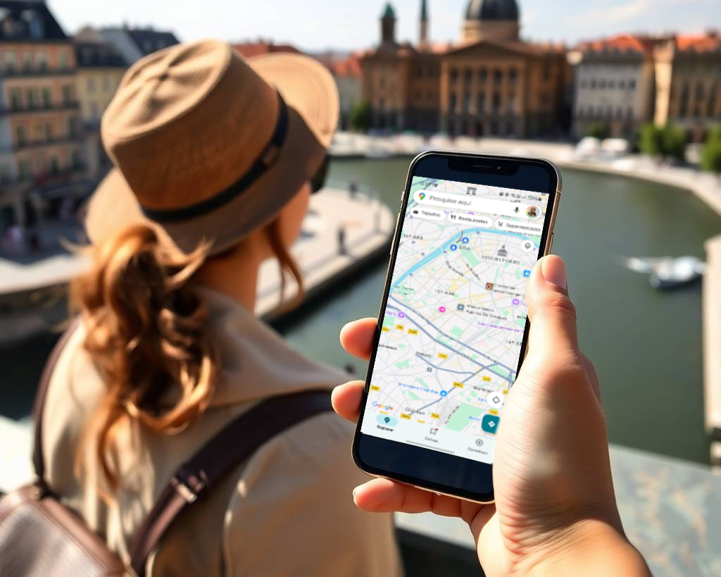 Uma foto de uma pessoa explorando uma cidade durante as férias por meio de um mapa de smartphone com ícones de turismo
