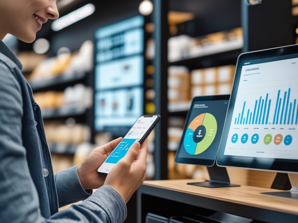 Pessoa segurando um smartphone enquanto verifica dados em uma tela; ao fundo, duas telas exibem gráficos coloridos em um ambiente moderno de loja ou escritório.