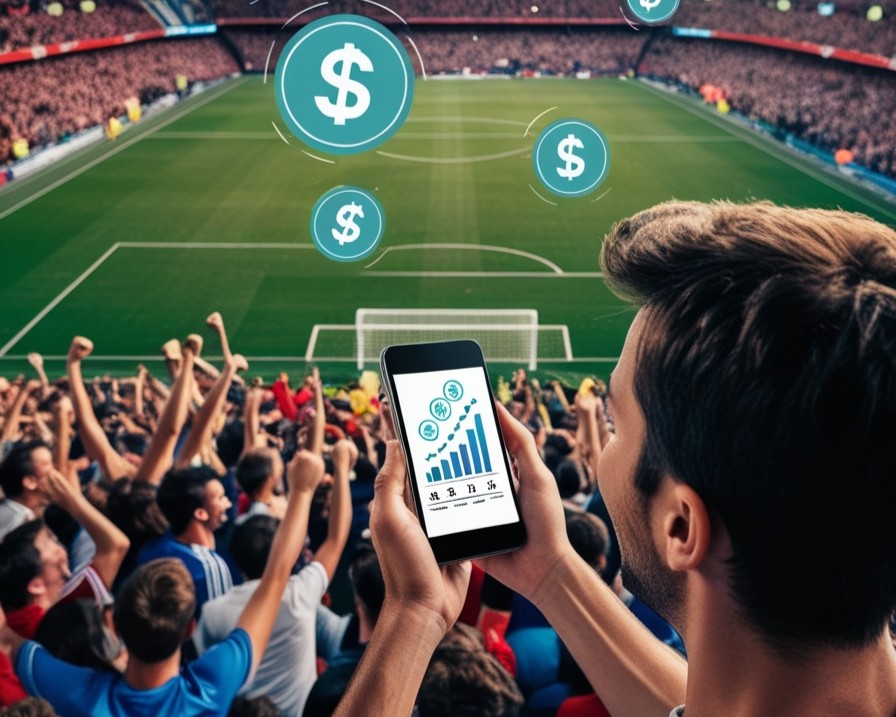 Estádio de futebol cheio, com gráficos digitais flutuando, simbolizando a união de marketing digital e apostas esportivas no Brasil.