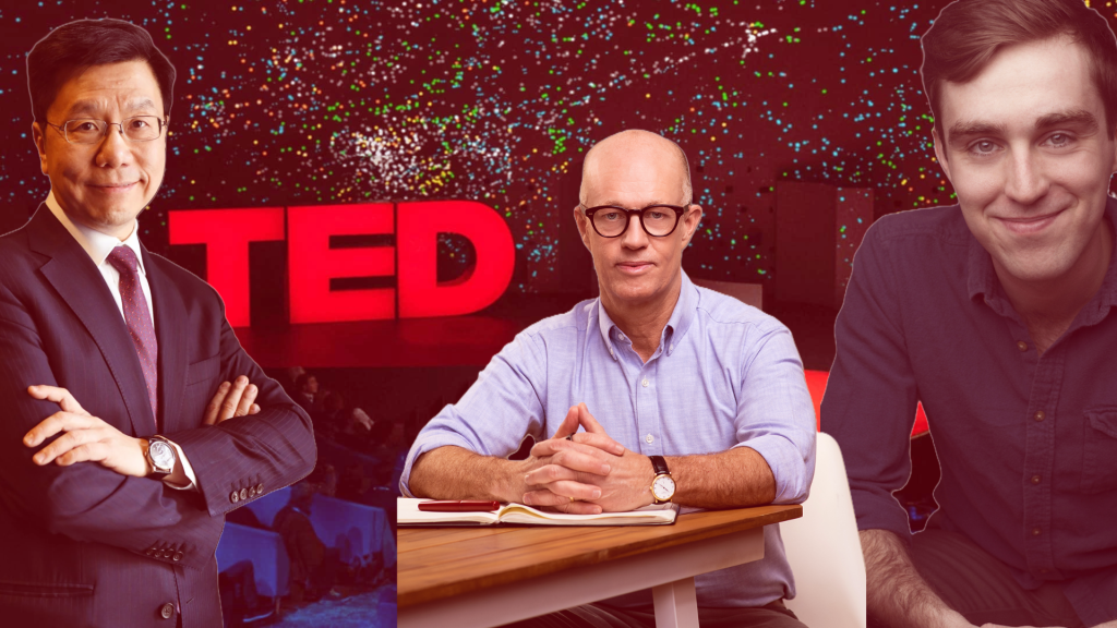 Palestrantes de destaque em um cenário inspirado pelo TED, simbolizando ideias transformadoras e inspirações que moldam o futuro.