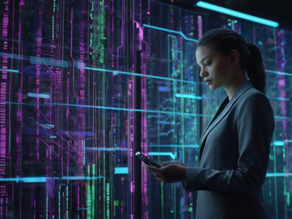 Mulher com traje executivo segura um smartphone enquanto analisa um painel digital futurista cheio de dados e gráficos iluminados em tons neon. A cena transmite tecnologia e inovação na inteligência artificial aplicada à publicidade digital.