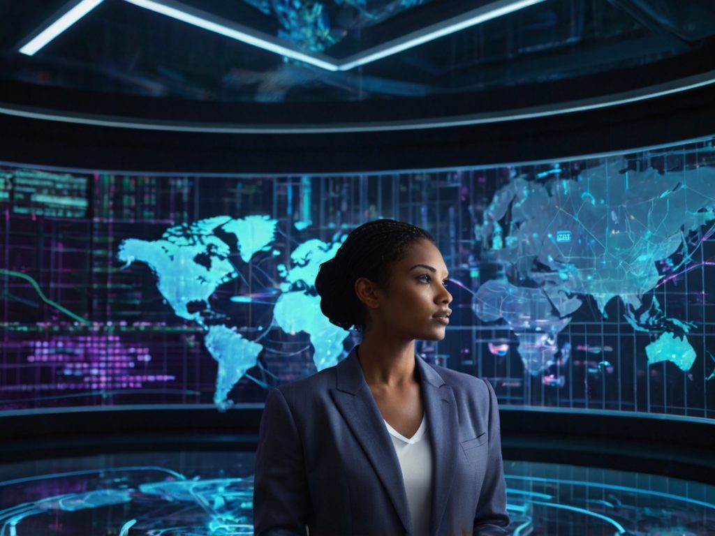Uma mulher confiante em um centro de inteligência digital, cercada por mapas globais e dados tecnológicos, representando liderança e inovação na era da informação.