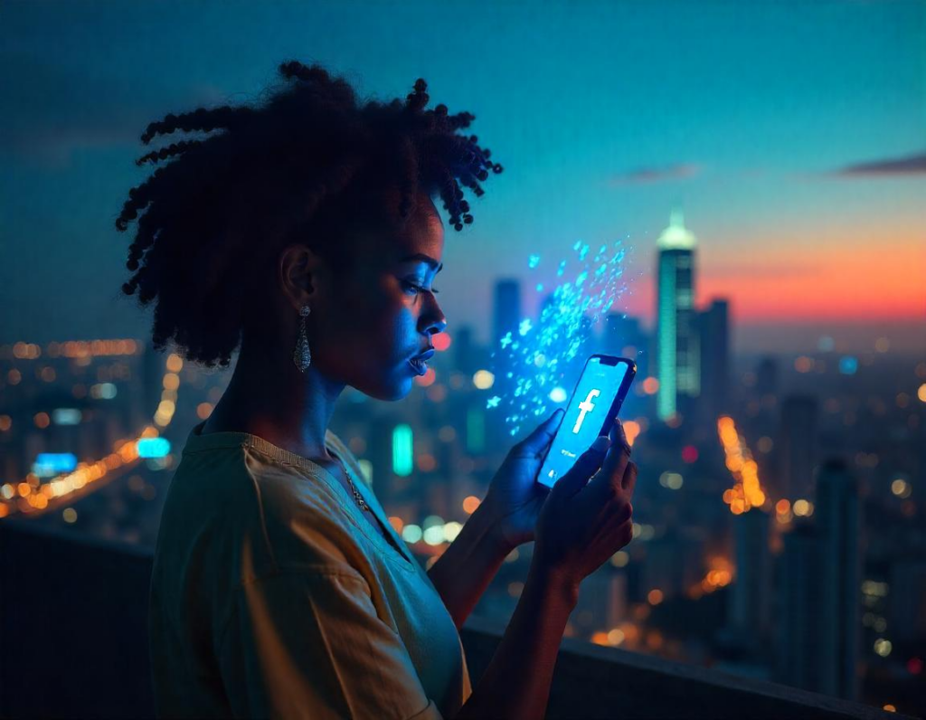 Uma mulher imersa no universo digital, conectada às redes sociais em um cenário urbano iluminado, simbolizando a influência da tecnologia na comunicação moderna.