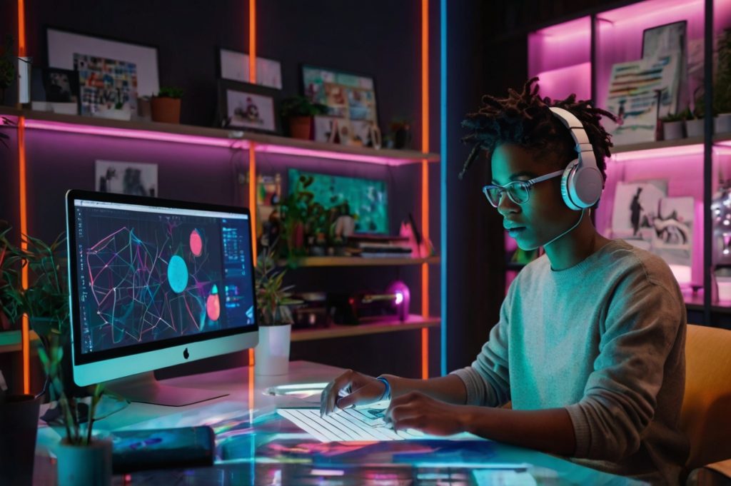 Jovem profissional criativo trabalhando em um ambiente moderno e tecnológico, analisando dados e desenvolvendo estratégias para anúncios online eficazes.