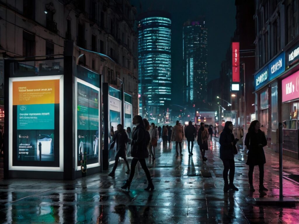 Cidade moderna à noite com telas digitais iluminadas exibindo anúncios interativos em meio a pedestres. O cenário urbano reflete o impacto crescente do DOOH (Digital-Out-of-Home) na publicidade.