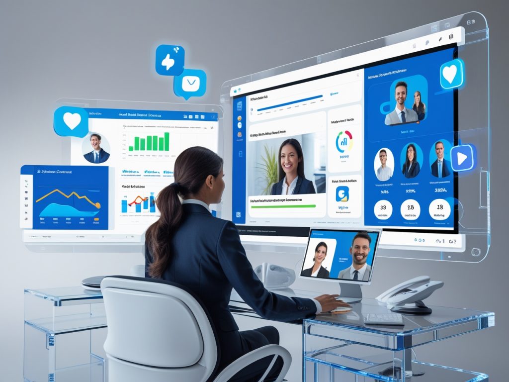 Mulher executiva em um ambiente futurista, analisando dados de redes sociais em telas holográficas, representando o impacto do marketing digital no B2B.