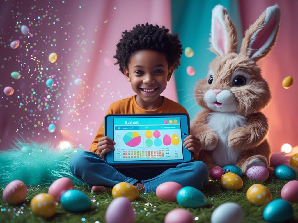 Criança sorridente segura um tablet com gráficos de vendas, cercada por ovos de Páscoa coloridos e um coelho de pelúcia, representando dados e tendências para campanhas de sucesso na Páscoa 2025.