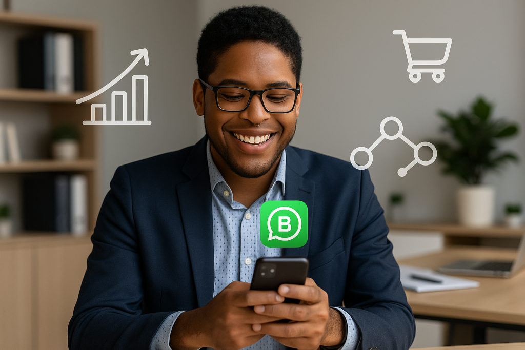 Uma imagem humanizada e profissional de uma pessoa empreendedora sorrindo enquanto utiliza o WhatsApp Business em um smartphone, com um ambiente de trabalho moderno e organizado ao fundo. Elementos visuais que remetam a gráficos de crescimento, ícones de vendas e conexões de rede discretos podem complementar a imagem, transmitindo sucesso, eficiência e a integração da ferramenta. A pessoa pode ser de qualquer gênero e etnia, representando a diversidade do público empreendedor.