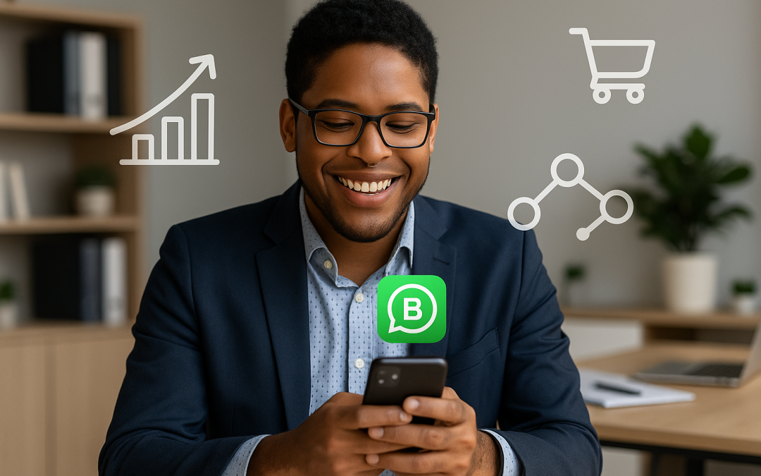 Uma imagem humanizada e profissional de uma pessoa empreendedora sorrindo enquanto utiliza o WhatsApp Business em um smartphone, com um ambiente de trabalho moderno e organizado ao fundo. Elementos visuais que remetam a gráficos de crescimento, ícones de vendas e conexões de rede discretos podem complementar a imagem, transmitindo sucesso, eficiência e a integração da ferramenta. A pessoa pode ser de qualquer gênero e etnia, representando a diversidade do público empreendedor.