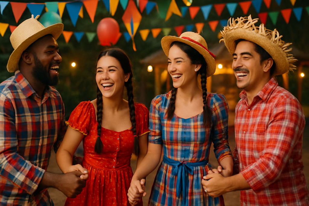 Imagem gerada por IA tipo foto de banco de imagens vibrante e alegre com pessoas diversas caracterizadas para festa junina, sorrindo e interagindo, talvez em uma roda de dança ou próximo a uma barraca de comidas típicas. Elementos visuais como bandeirolas coloridas, balões e uma fogueira (de forma segura e representativa) ao fundo. A imagem deve transmitir a energia contagiante da festa e o senso de comunidade, com diversidade entre os participantes.