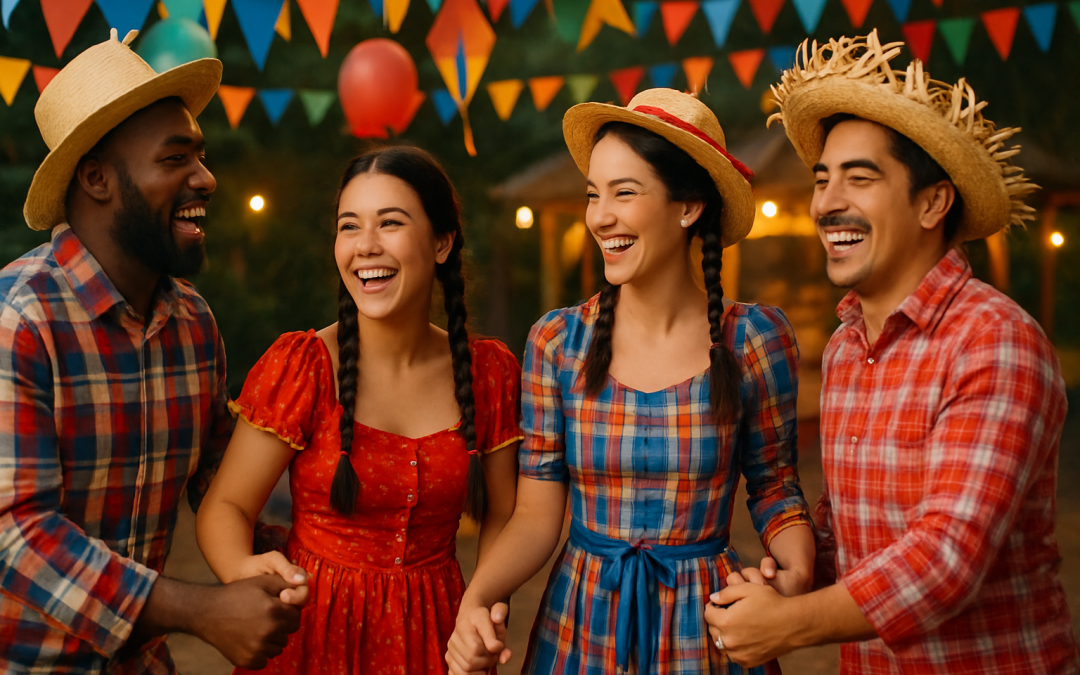 Imagem gerada por IA tipo foto de banco de imagens vibrante e alegre com pessoas diversas caracterizadas para festa junina, sorrindo e interagindo, talvez em uma roda de dança ou próximo a uma barraca de comidas típicas. Elementos visuais como bandeirolas coloridas, balões e uma fogueira (de forma segura e representativa) ao fundo. A imagem deve transmitir a energia contagiante da festa e o senso de comunidade, com diversidade entre os participantes.