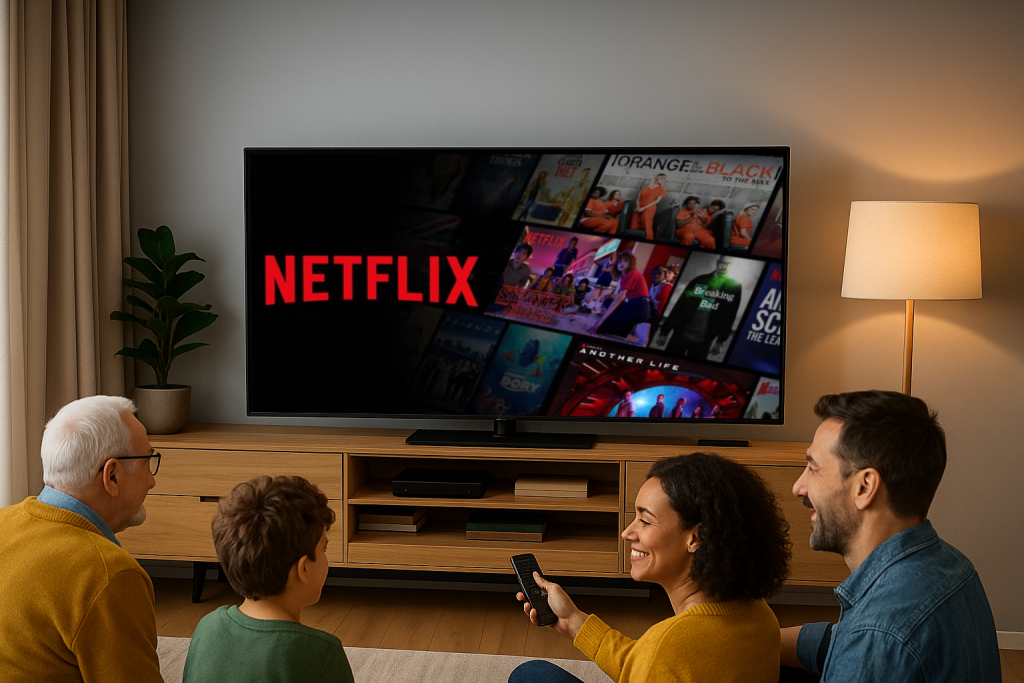 Família composta de Avô, Neto, Mãe e Pai, aproveitando o tempo junta na sala de estar com Netflix na TV