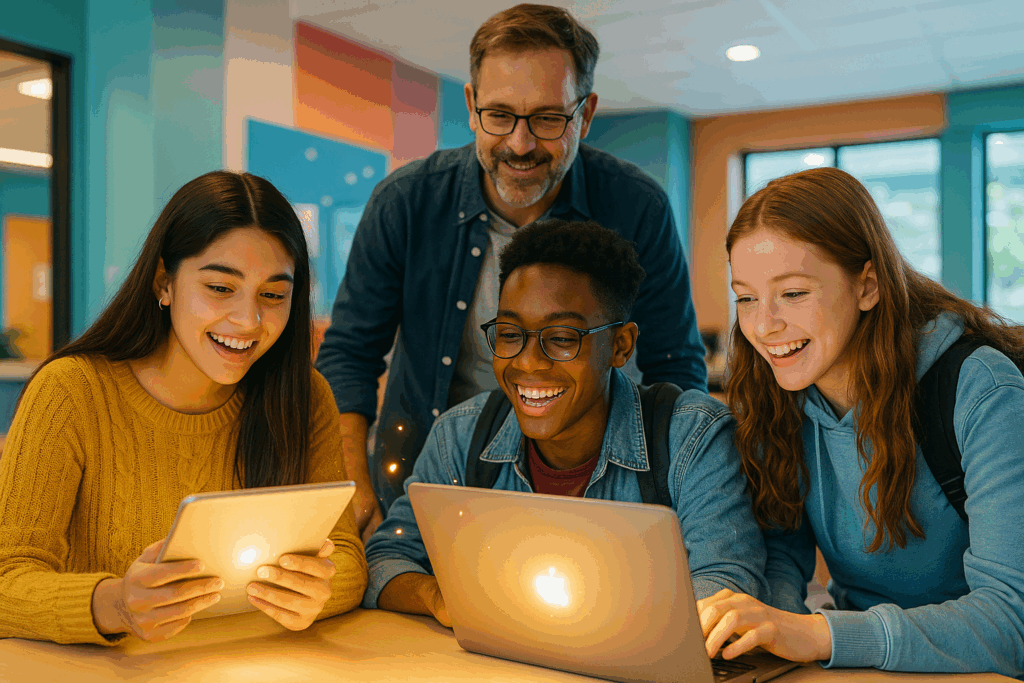 um grupo diverso de estudantes (adolescentes e/ou jovens adultos, talvez com um pai ou professor ao fundo) interagindo de forma colaborativa com telas digitais (tablets, notebooks) em um ambiente moderno e vibrante. A imagem transmite a ideia de aprendizado dinâmico, conexão e descoberta na era digital, com um leve brilho simbolizando insights e conhecimento.