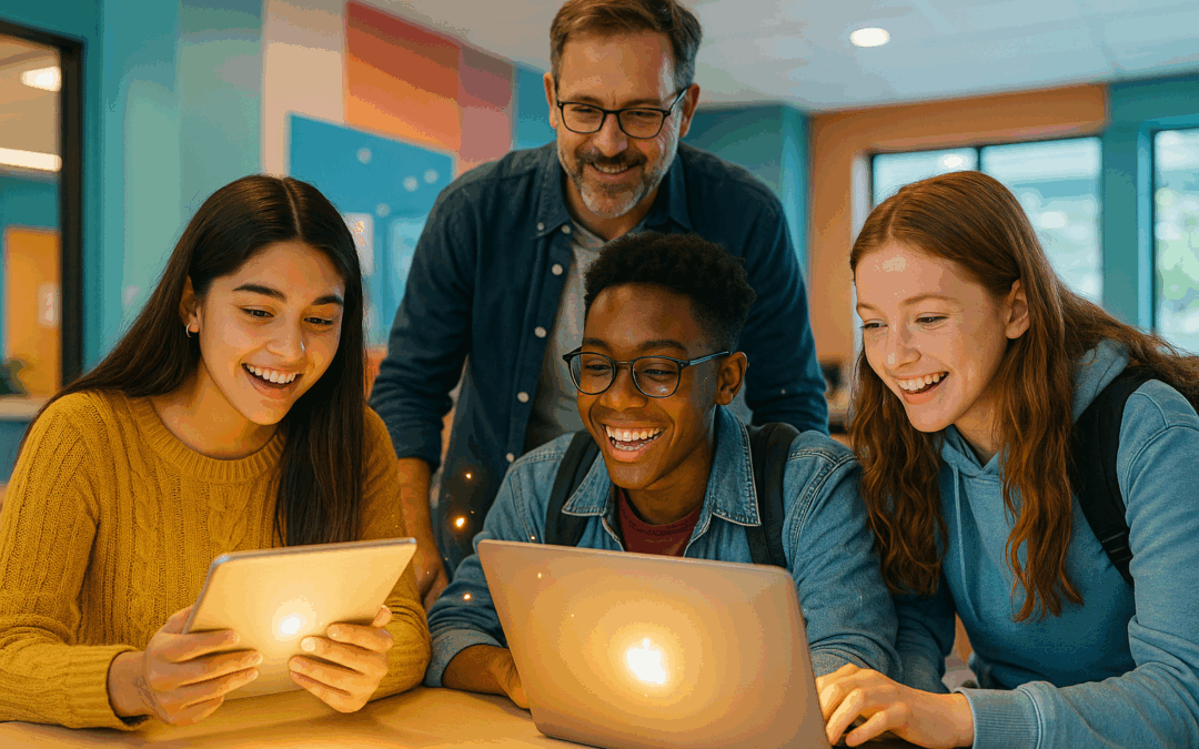 um grupo diverso de estudantes (adolescentes e/ou jovens adultos, talvez com um pai ou professor ao fundo) interagindo de forma colaborativa com telas digitais (tablets, notebooks) em um ambiente moderno e vibrante. A imagem transmite a ideia de aprendizado dinâmico, conexão e descoberta na era digital, com um leve brilho simbolizando insights e conhecimento.